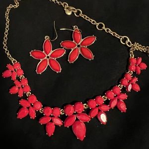Orange Red J Crew Statement Necklace with Matching Earrings